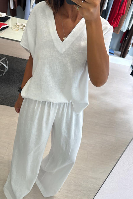 Camicia scollo V lino e viscosa bianco KK