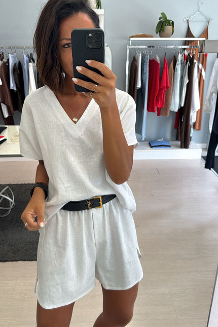 Camicia scollo V lino e viscosa bianco KK