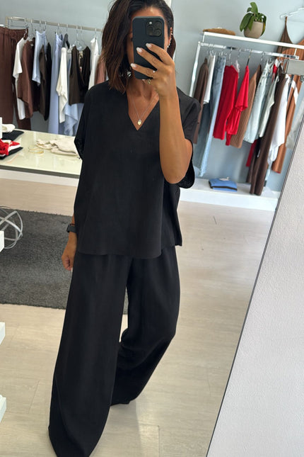Camicia scollo V lino e viscosa nera KK