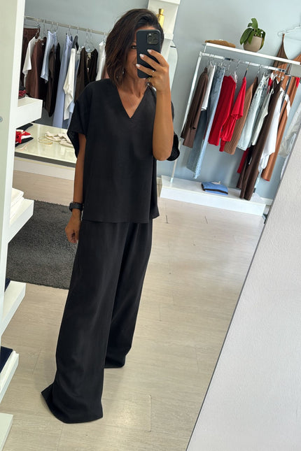 Camicia scollo V lino e viscosa nera KK