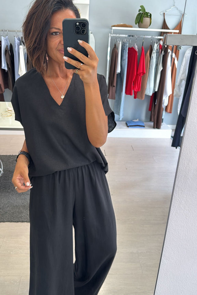 Camicia scollo V lino e viscosa nera KK