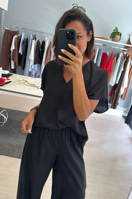 Camicia scollo V lino e viscosa nera KK