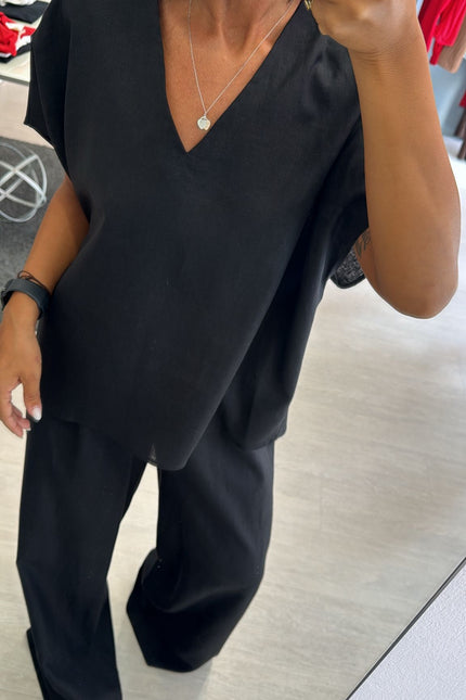 Camicia scollo V lino e viscosa nera KK