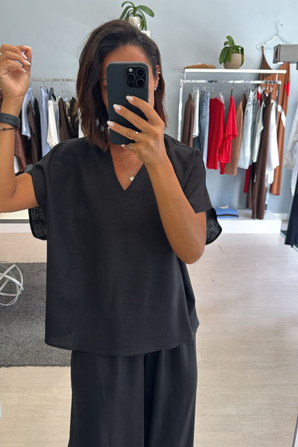 Camicia scollo V lino e viscosa nera KK