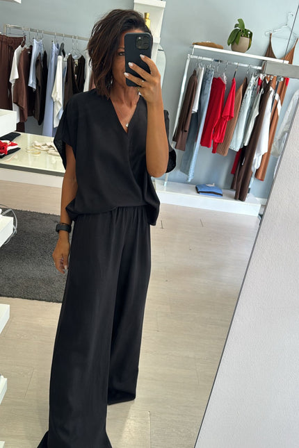 Camicia scollo V lino e viscosa nera KK