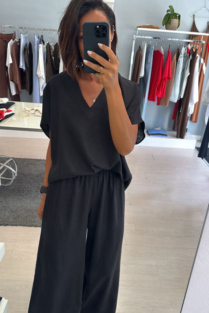 Camicia scollo V lino e viscosa nera KK