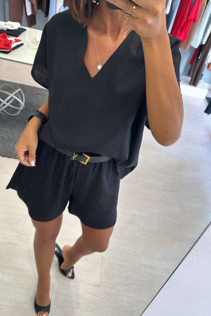Camicia scollo V lino e viscosa nera KK