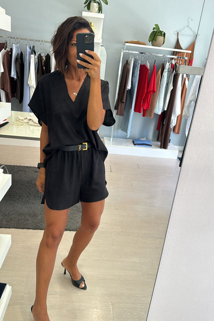 Camicia scollo V lino e viscosa nera KK