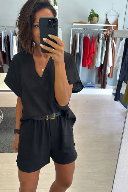Camicia scollo V lino e viscosa nera KK
