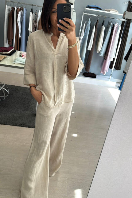 Camicia coreana in lino sabbia sl