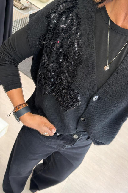Gilet nero in maglia con ricamo kk
