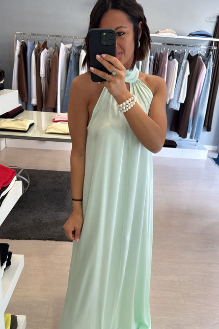 Abito lungo in satin verde mela kk