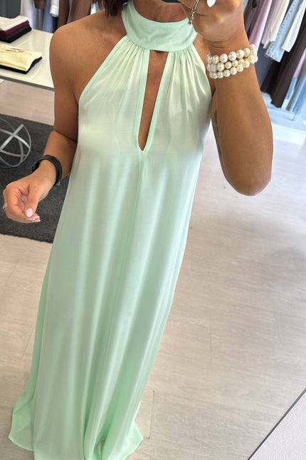 Abito lungo in satin verde mela kk