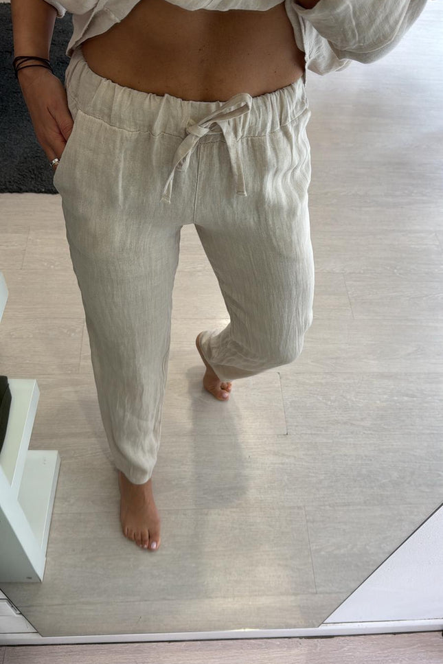 Pantalone slim in lino sabbia sl