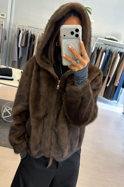 Bomber in Ecopelliccia con cappuccio Cioccolato Ak