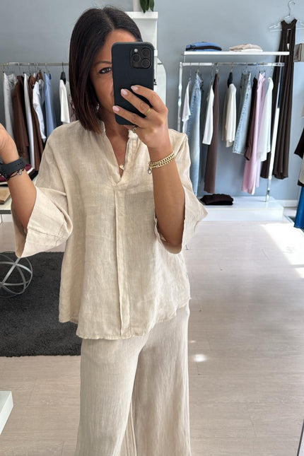 Camicia coreana in lino sabbia sl