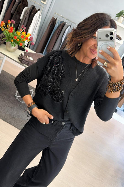 Gilet nero in maglia con ricamo kk