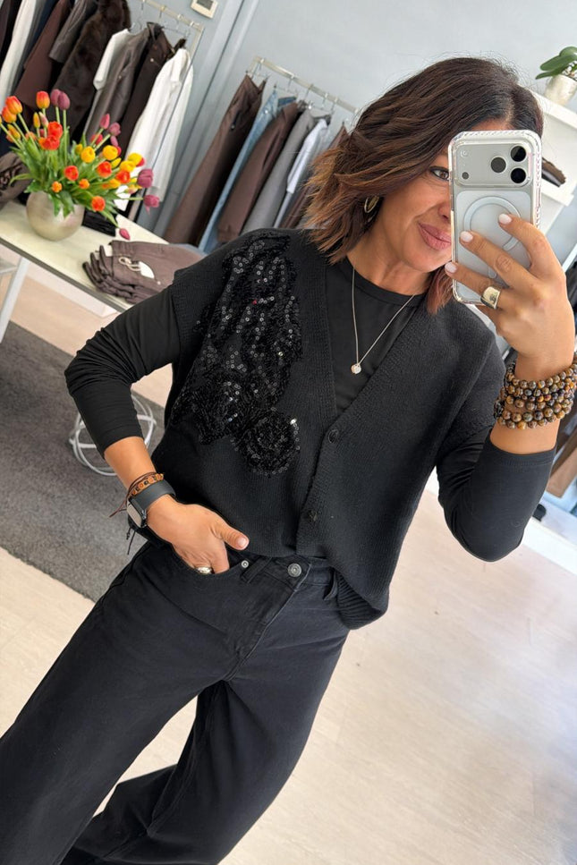 Gilet nero in maglia con ricamo kk